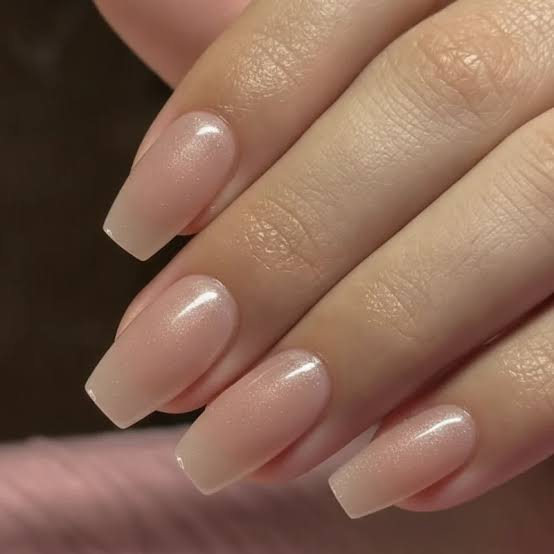 Milky Nude Pearlescent Shimmer Coffin — Short Coffin Nails