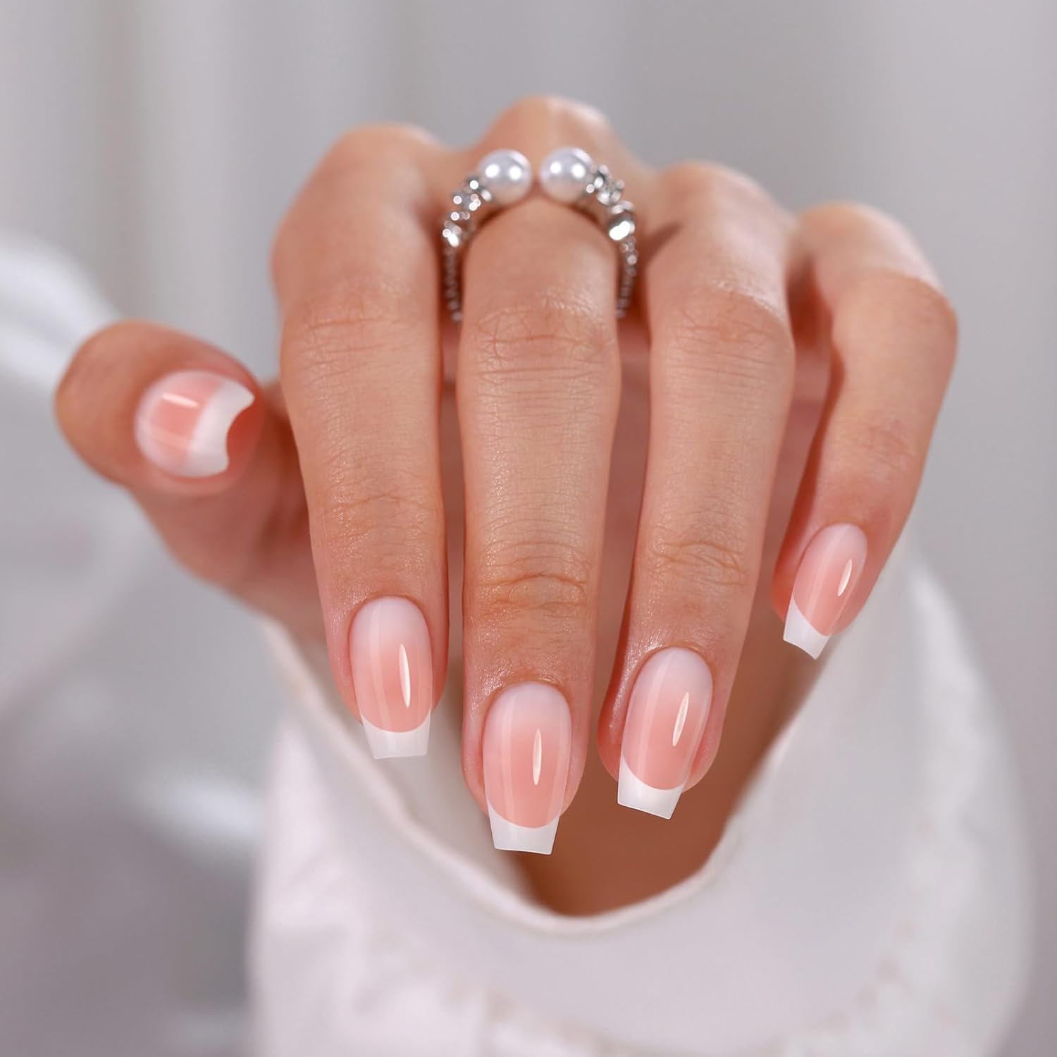 Classic Milky Pink White French — Short Coffin Nails