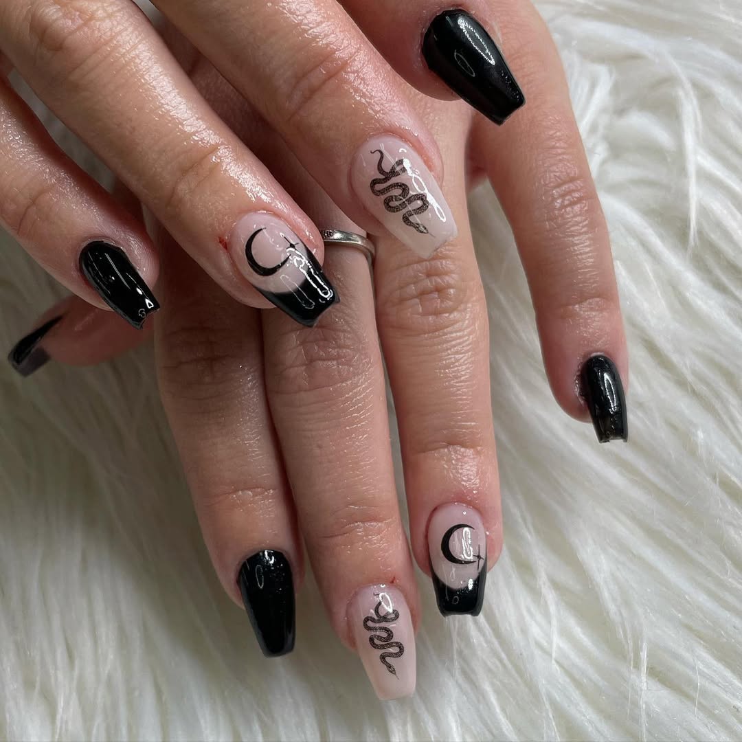 Nude Pink Abstract Line Art — Short Coffin Nails