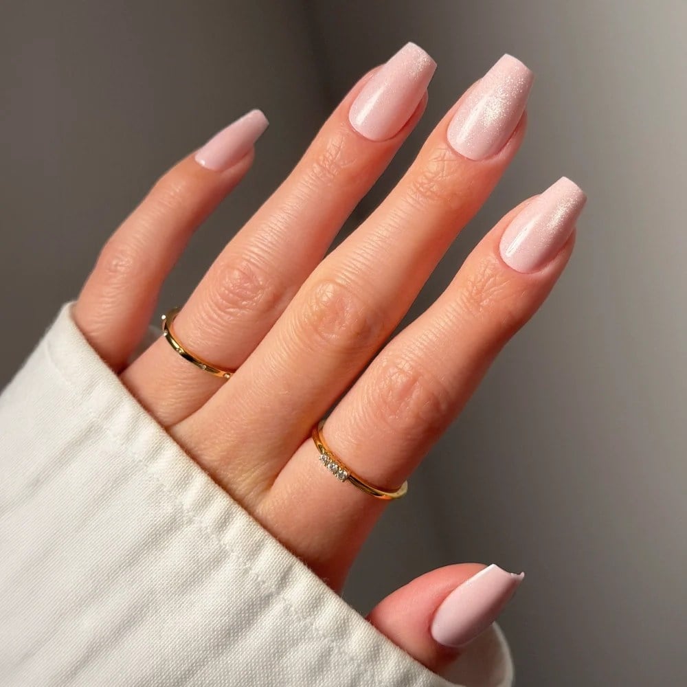Shimmering Pale Pink Short Coffin — Short Coffin Nails