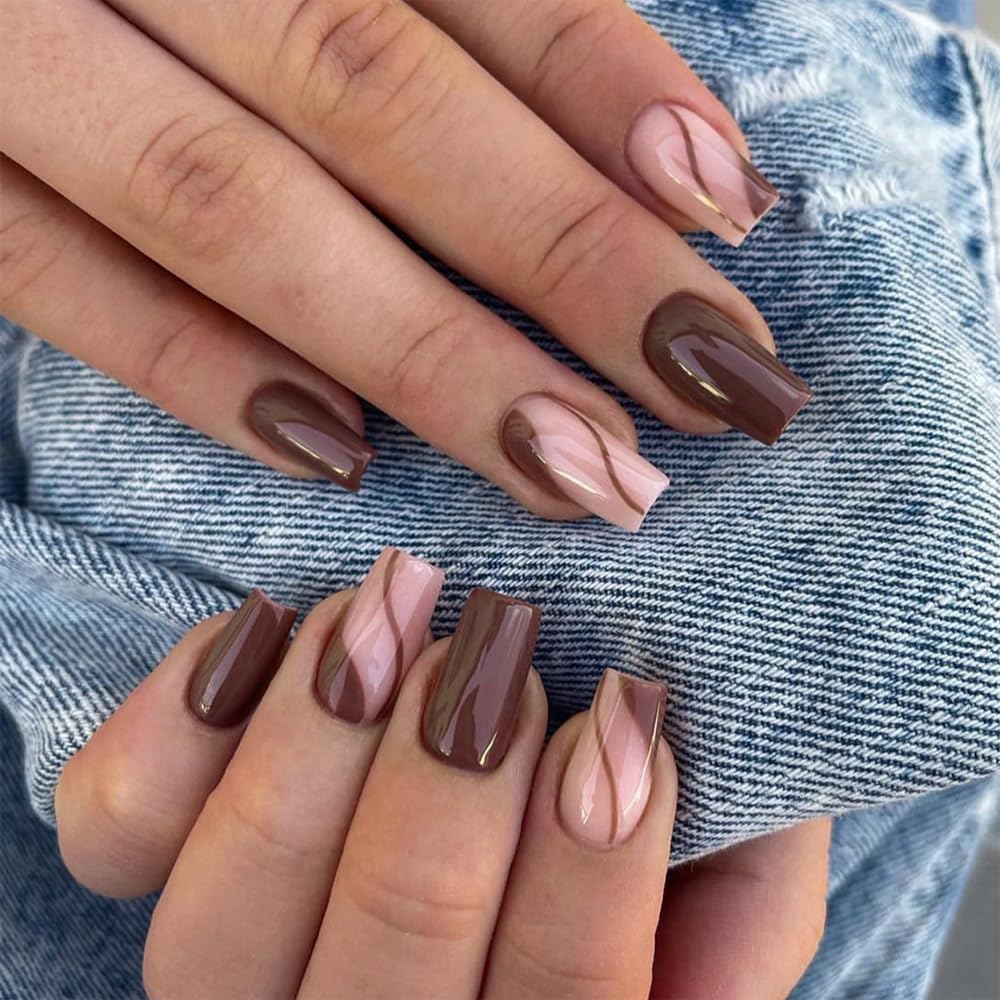 Brown And Beige Marble Short Coffin — Short Coffin Nails