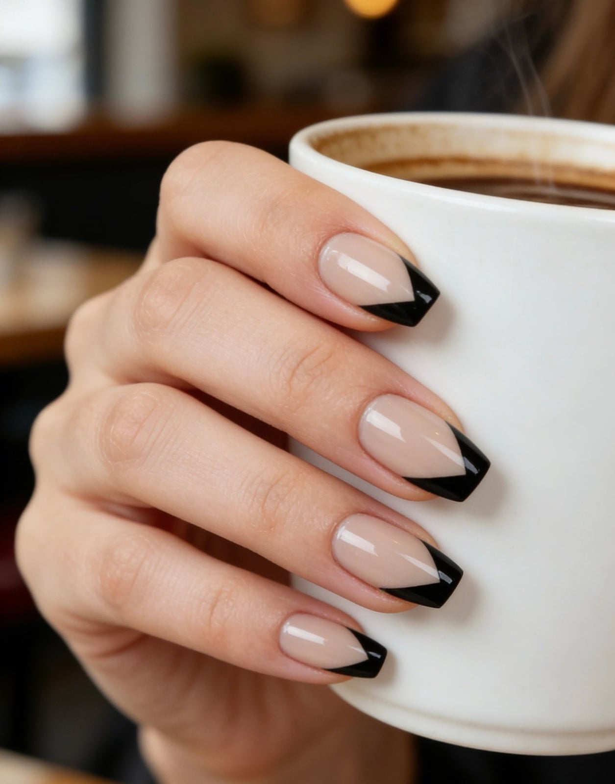 Nude Base Black French Tip Coffin — Short Coffin Nails