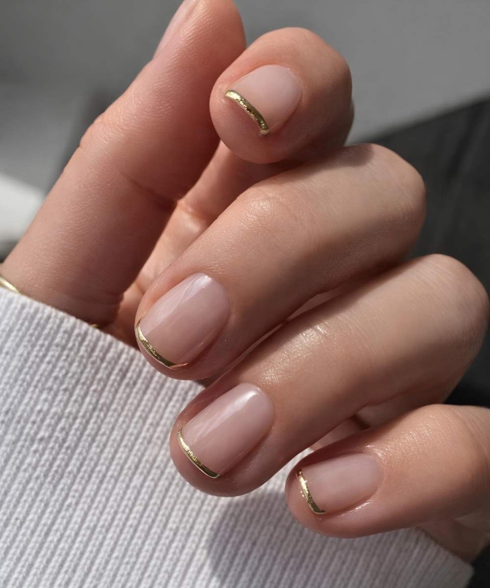 Short Oval Micro Gold Line French — Short French Tip Nails