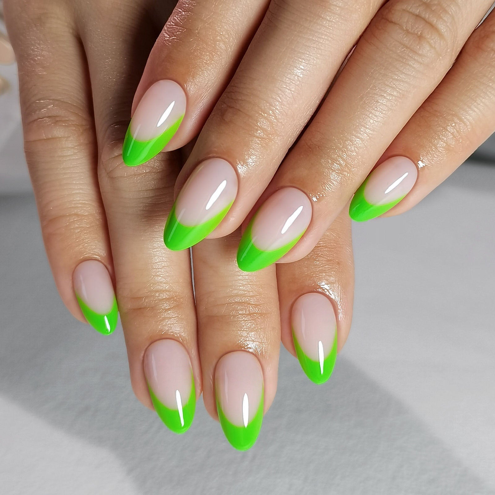 Short Almond Bright Lime Green French — Short French Tip Nails