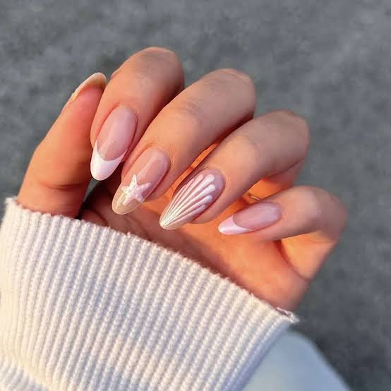 Short Almond French With Seashell Art — Short French Tip Nails