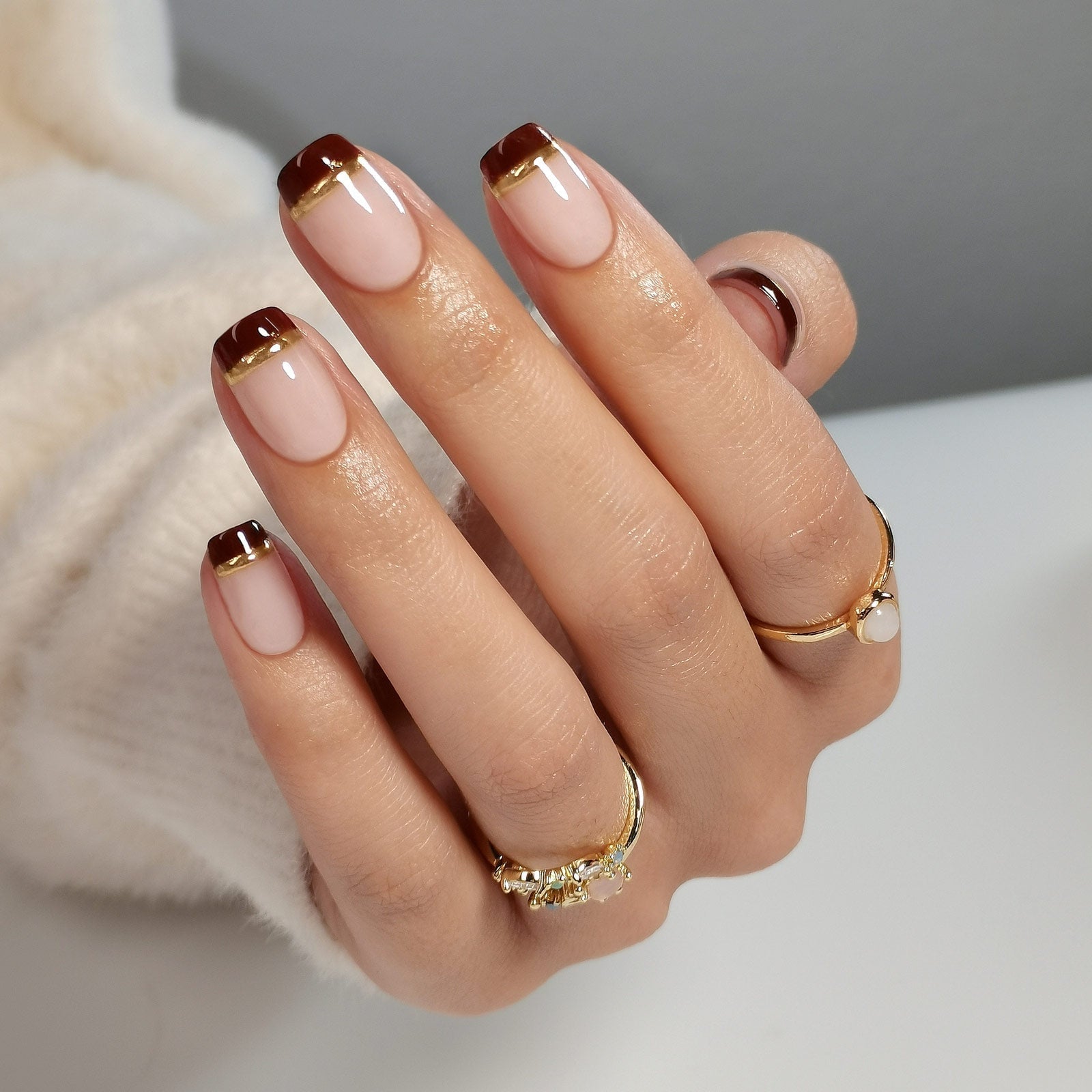 Short Square Deep Brown French Gold Line — Short French Tip Nails