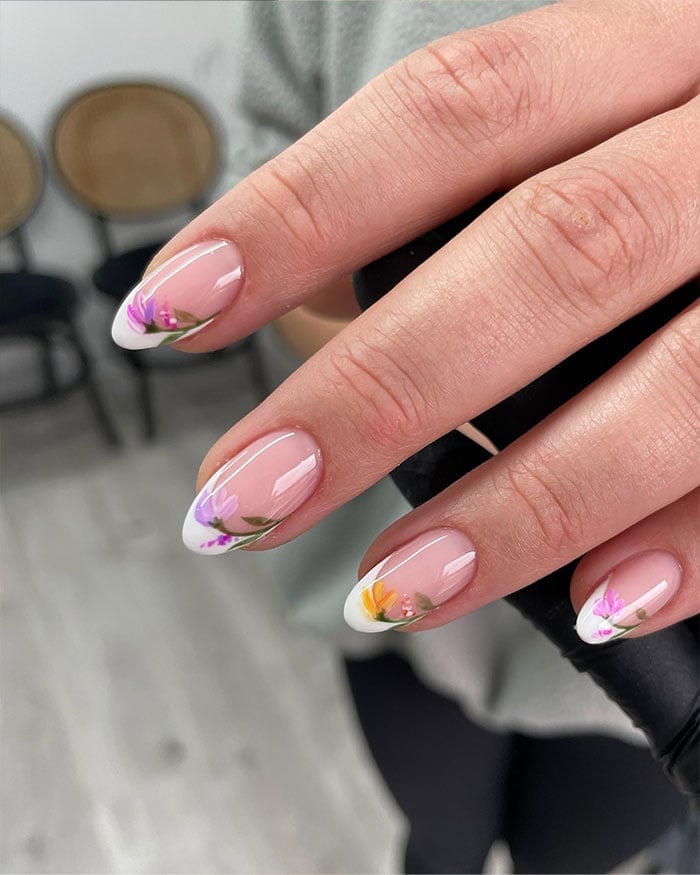 Short Almond Floral French Design — Short French Tip Nails