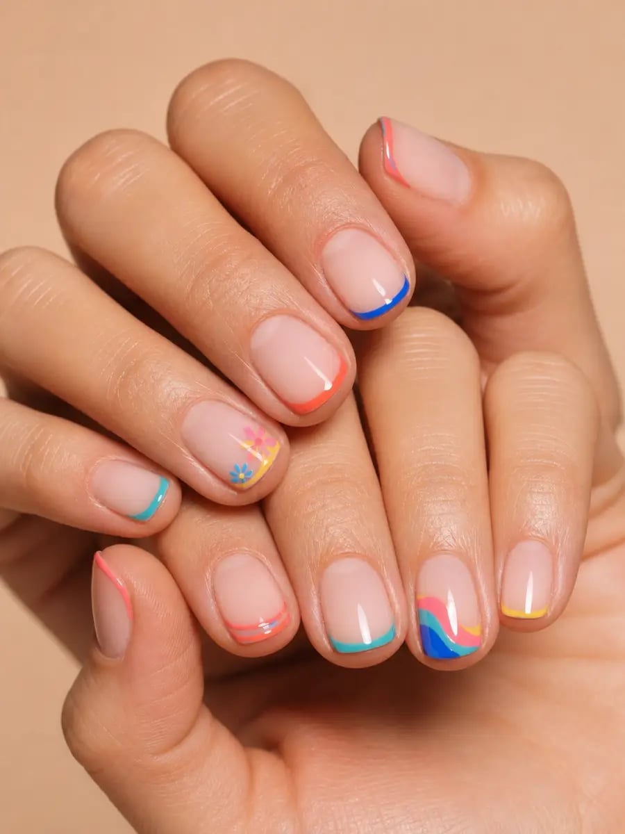 Short Square Colorful French Tips — Short French Tip Nails
