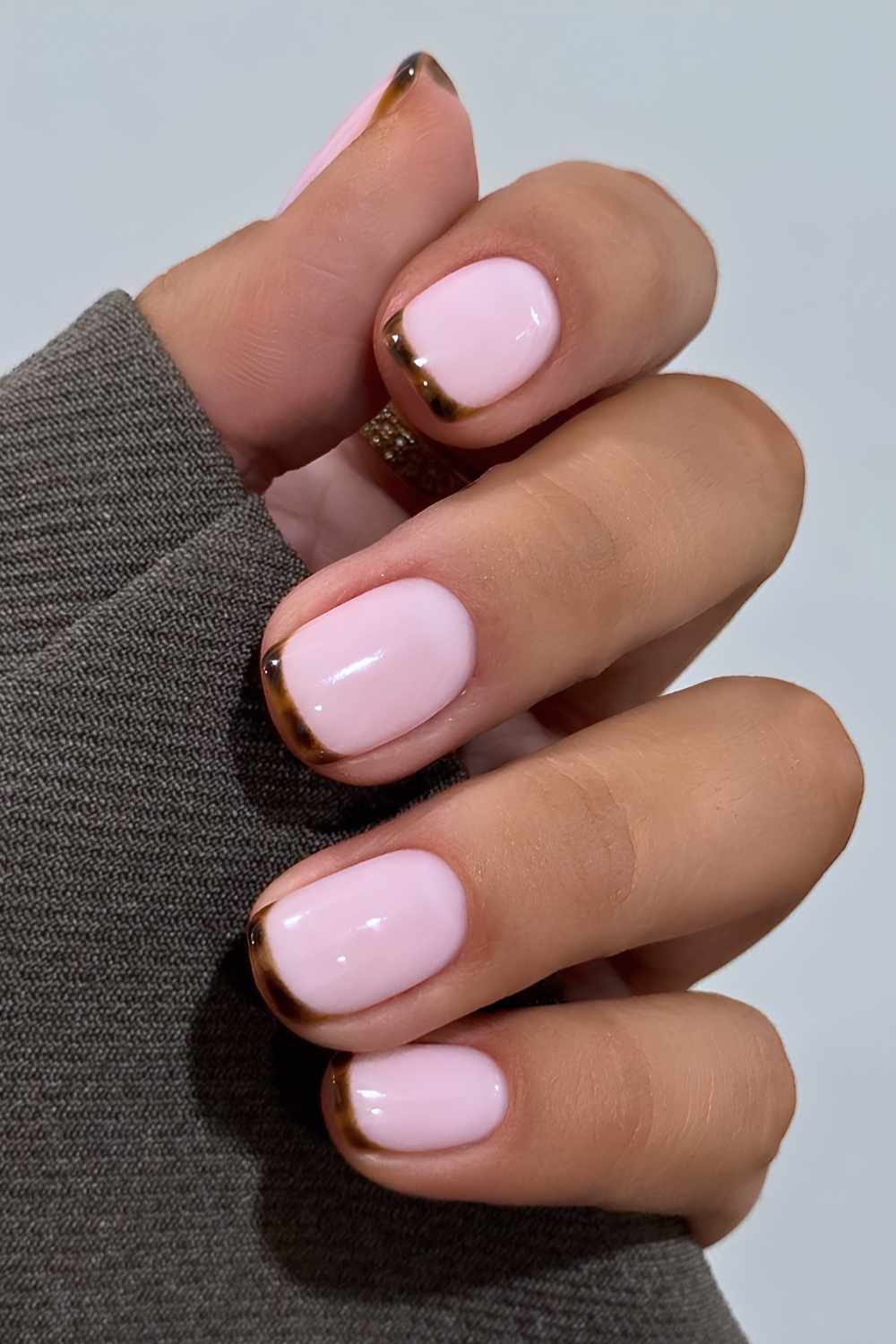 Short Soft Square Dark Brown Line — Short French Tip Nails