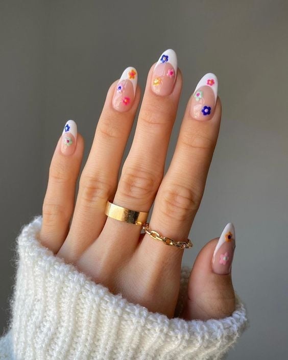 Short Almond Floral Accent French — Short French Tip Nails
