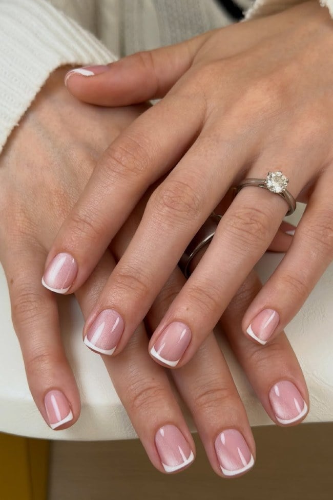 Shimmer French Tip Short Square Nails — Short French Tip Nails