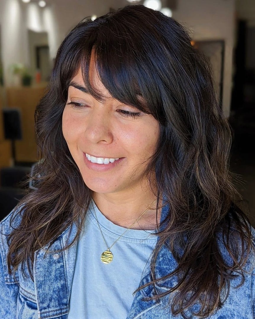 Collarbone Length Dark Brown With Soft Highlights — Side Swept Bangs