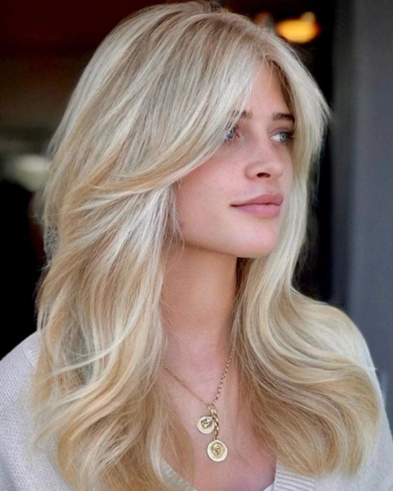 Shoulder Length Ash Blonde With Soft Waves — Side Swept Bangs