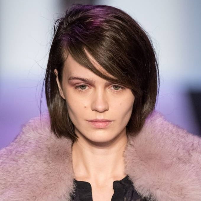 Chin Length Asymmetrical Bob In Dark Brown — Side Swept Bangs