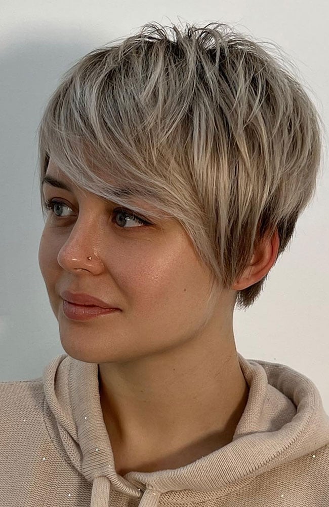 Short Pixie Cut With Tousled Bangs — Side Swept Bangs