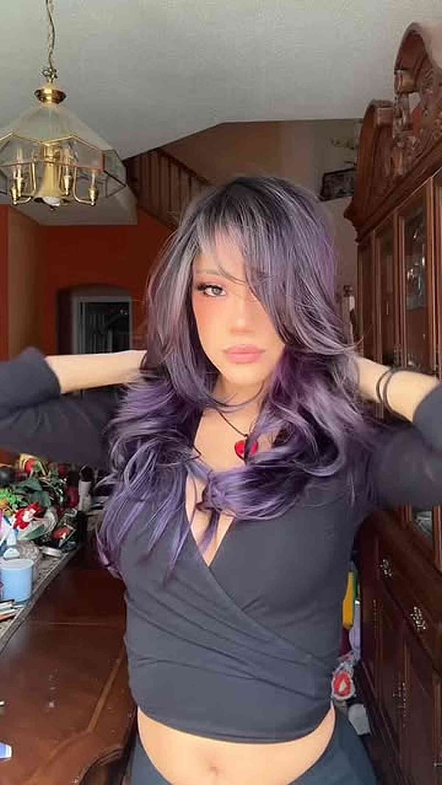 Vibrant Purple Mid-Back Waves With Blonde Highlights — Side Swept Bangs