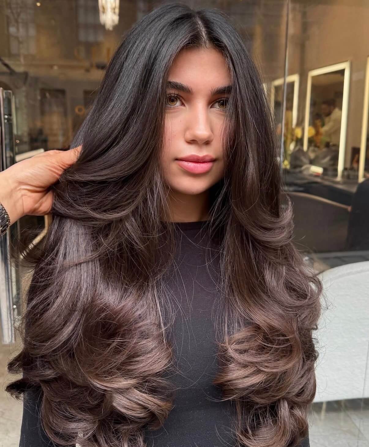 Mid-Back Dark Brown with Balayage Shine — Simple 90s Blowout Hair