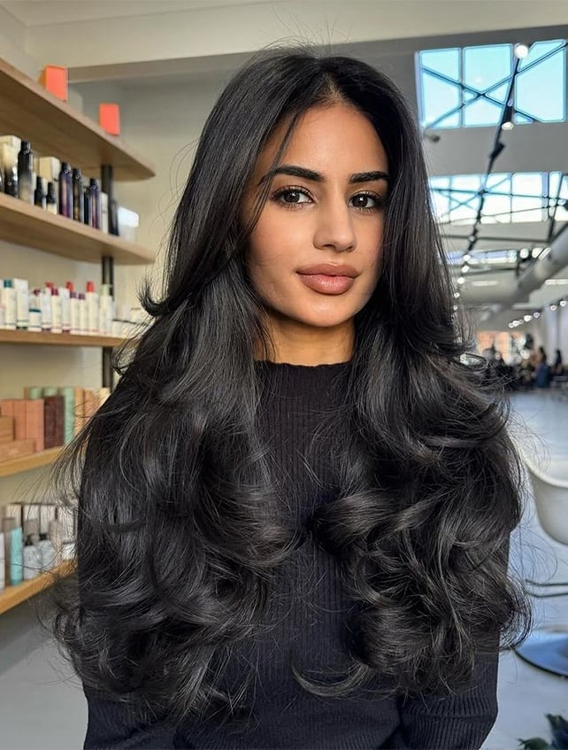 Mid-Back Dark Brown with Curtain Bangs — Simple 90s Blowout Hair