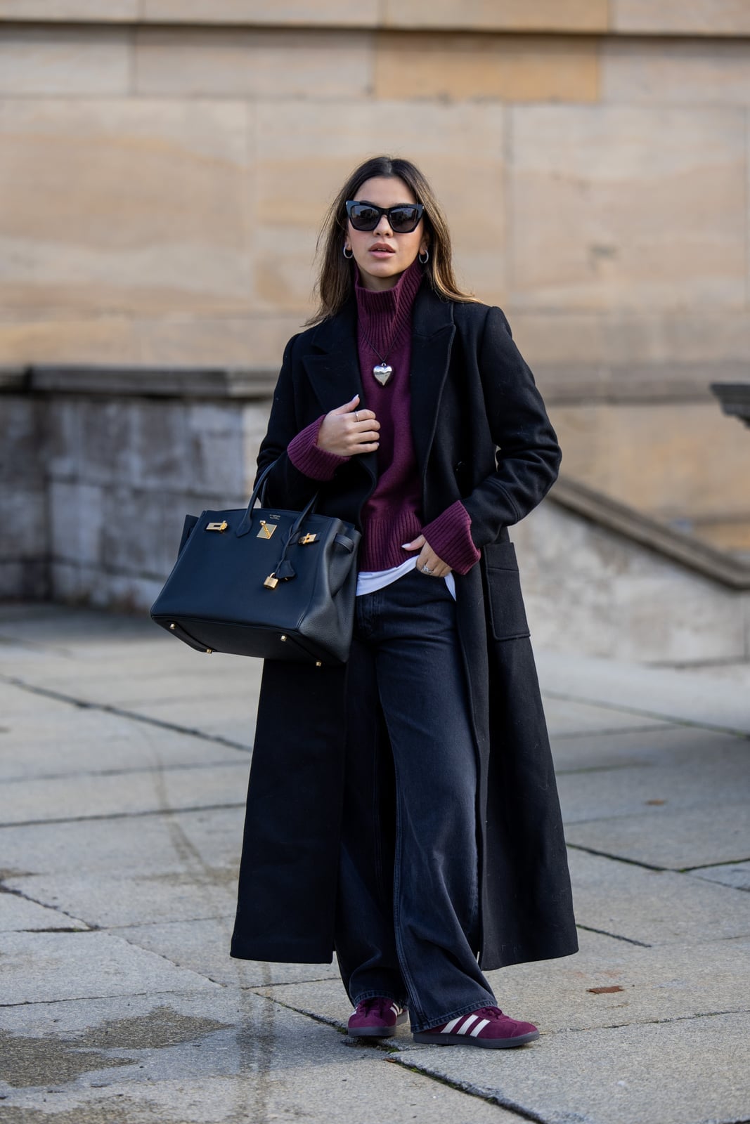 Long Coat and Jeans with Burgundy Adidas Sambas — Simple Adidas Samba Outfits