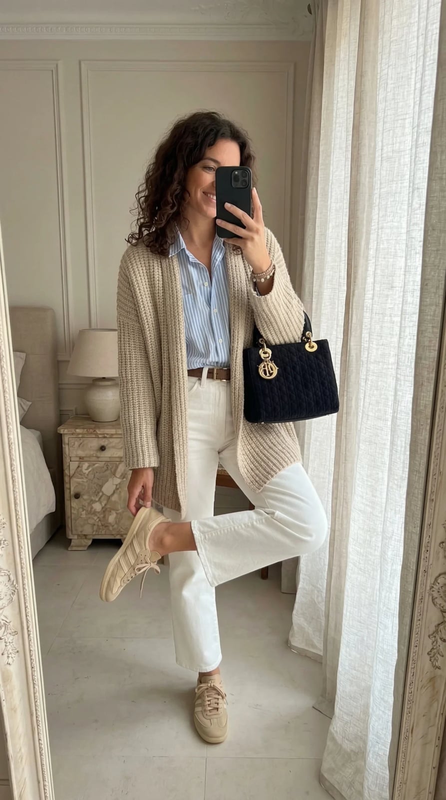 Chunky Cardigan and Stripes with Adidas Sambas — Simple Adidas Samba Outfits