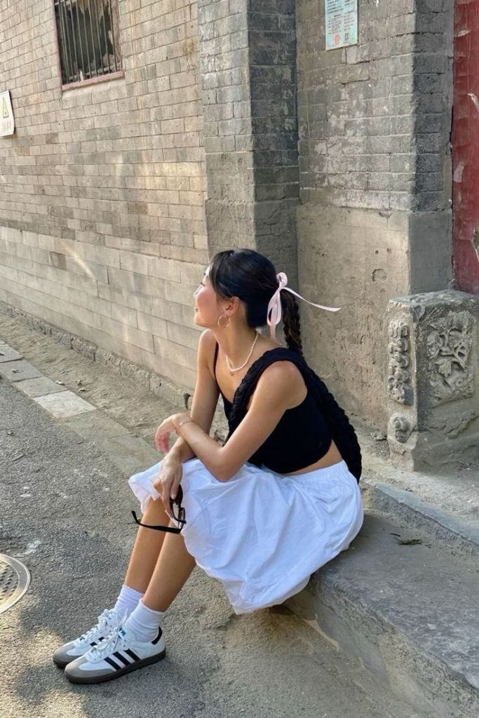 Crop Top and Voluminous Skirt with Adidas Sambas — Simple Adidas Samba Outfits