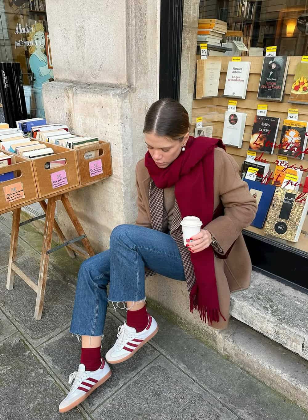 Wide Leg Jeans and Blazer with Scarf and Adidas Sambas, White T-Shirt — Simple Adidas Samba Outfits