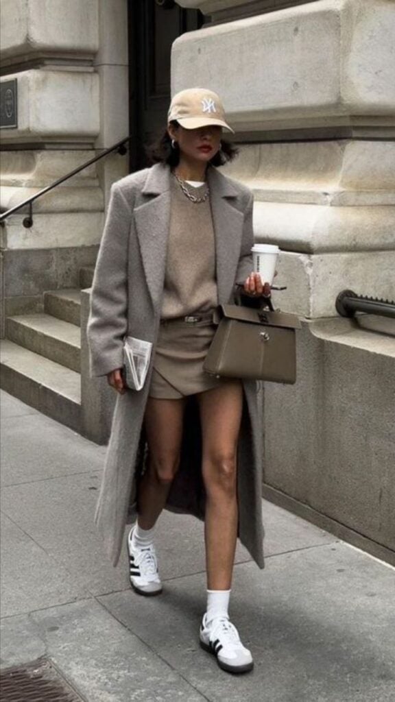 Long Wool Coat with Mini Skirt and Adidas Sambas — Simple Adidas Samba Outfits