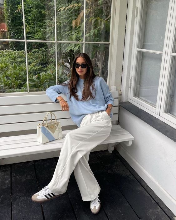 Crewneck Sweater and Wide Leg Trousers with Adidas Sambas — Simple Adidas Samba Outfits