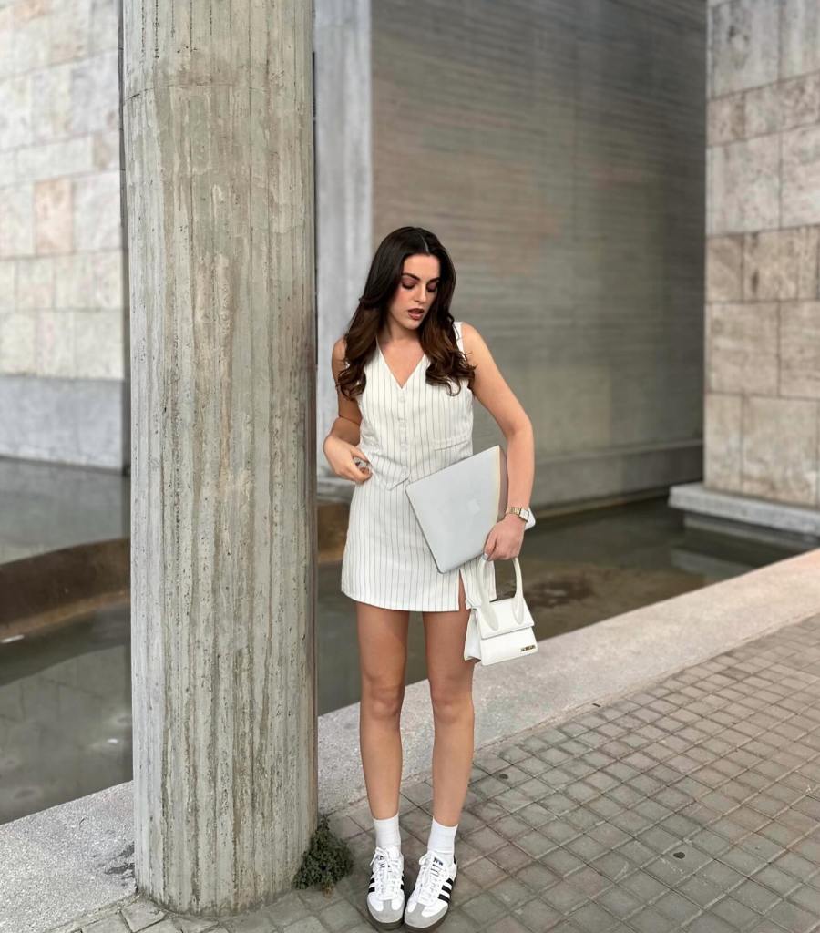 Pinstripe Vest Dress with Adidas Sambas — Simple Adidas Samba Outfits