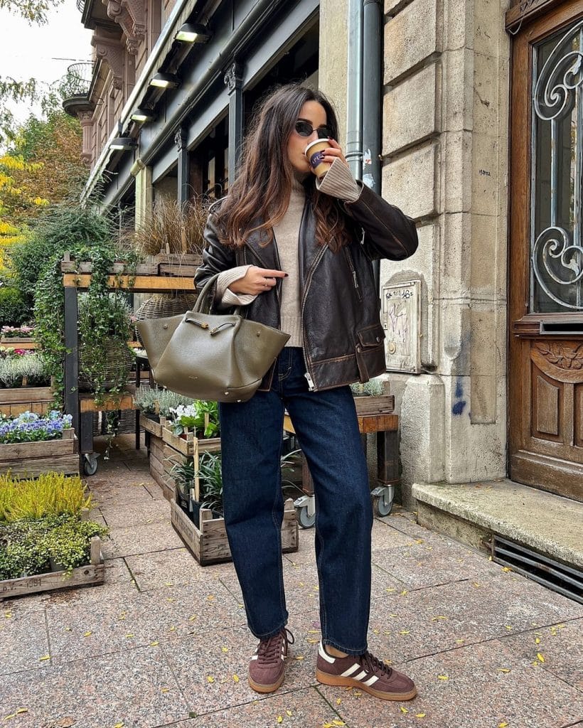 Leather Jacket and Jeans with Brown Adidas Sambas — Simple Adidas Samba Outfits