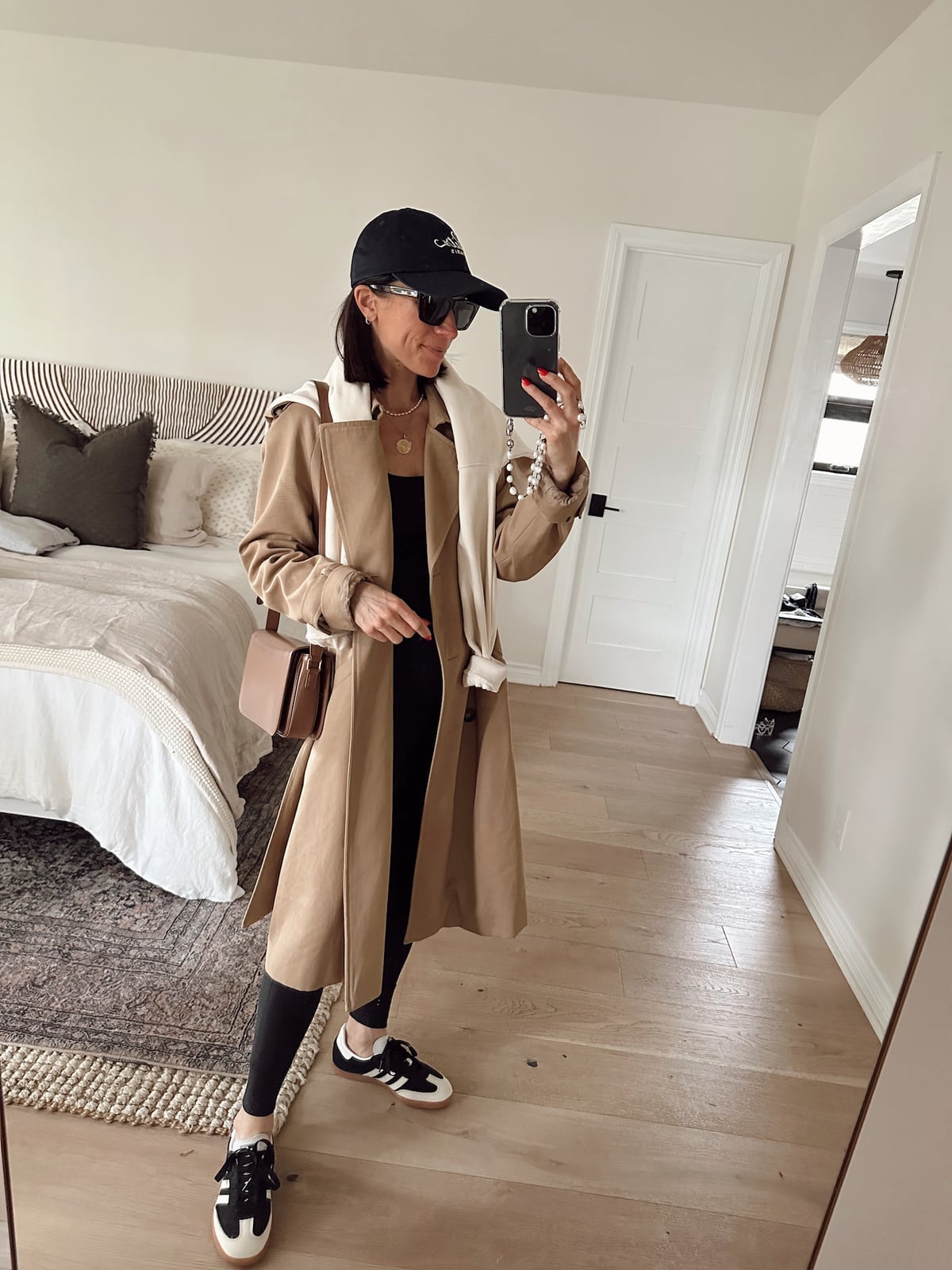 Fitted Dress and Trench Coat with Adidas Sambas — Simple Adidas Samba Outfits