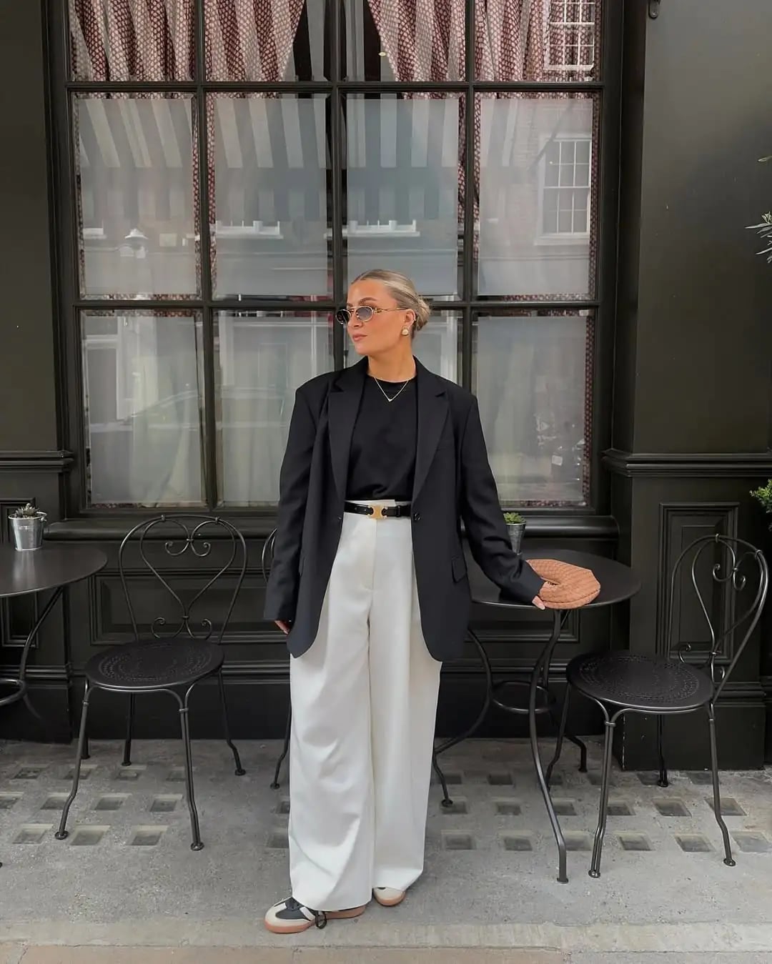 Satin Trousers and Blazer with Sneakers — Simple Adidas Samba Outfits