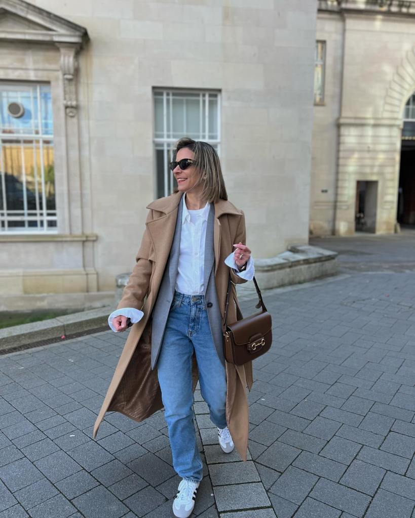 Camel Coat and Jeans with Striped Sneakers — Simple Adidas Samba Outfits
