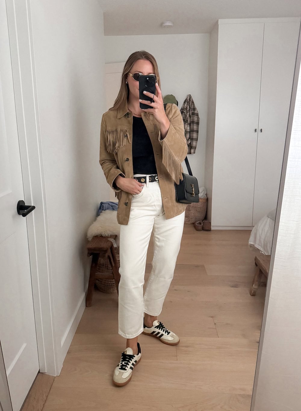Suede Fringe Jacket and White Jeans with Adidas Sambas, Close-Up Take — Simple Adidas Samba Outfits