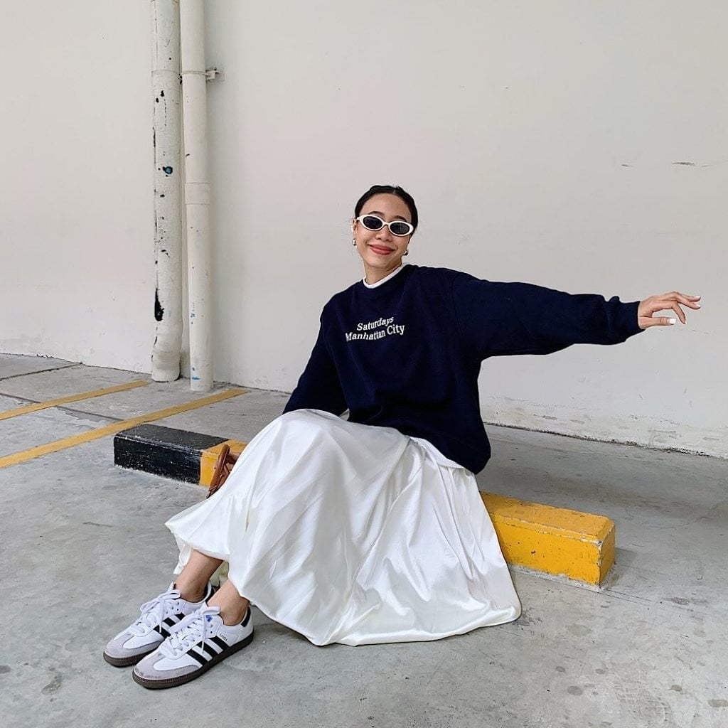 Sweatshirt and Satin Skirt with Adidas Sambas, Close-Up Take — Simple Adidas Samba Outfits