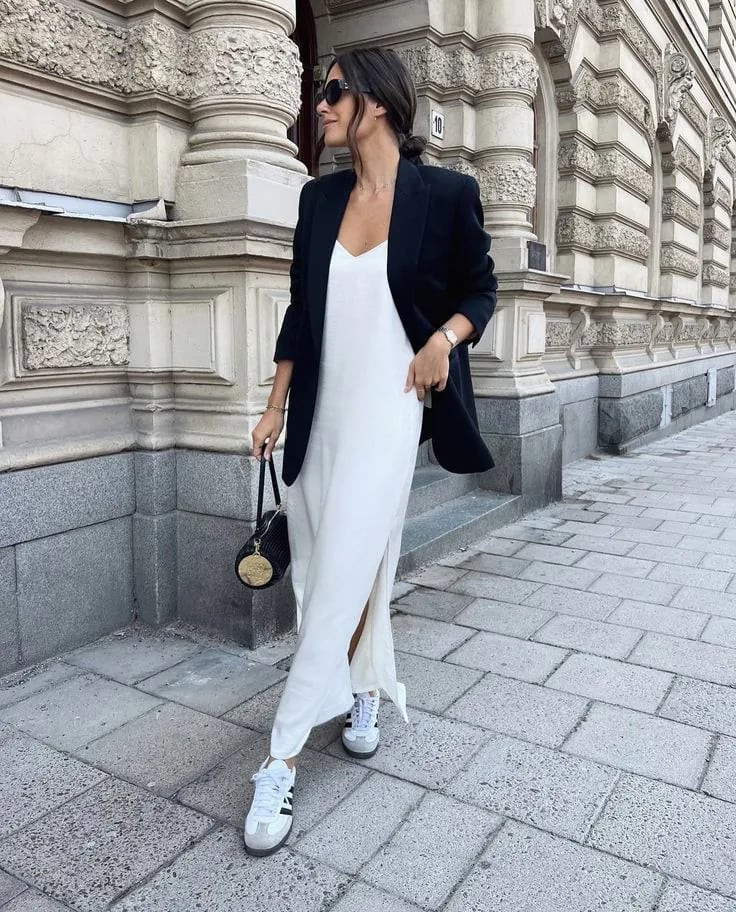 Black Blazer over Slip Dress with White Sneakers — Simple Adidas Samba Outfits