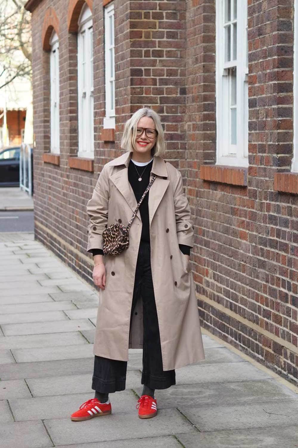 Trench Coat and Denim with Red Adidas Sambas, Wide-Leg Trousers — Simple Adidas Samba Outfits
