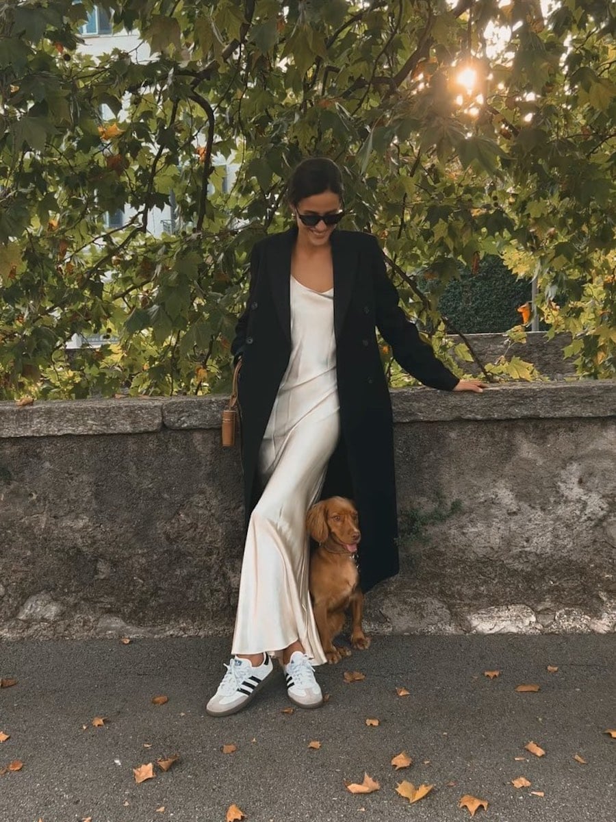Slip Dress and Coat with Adidas Sambas, Straight Leg Trousers — Simple Adidas Samba Outfits