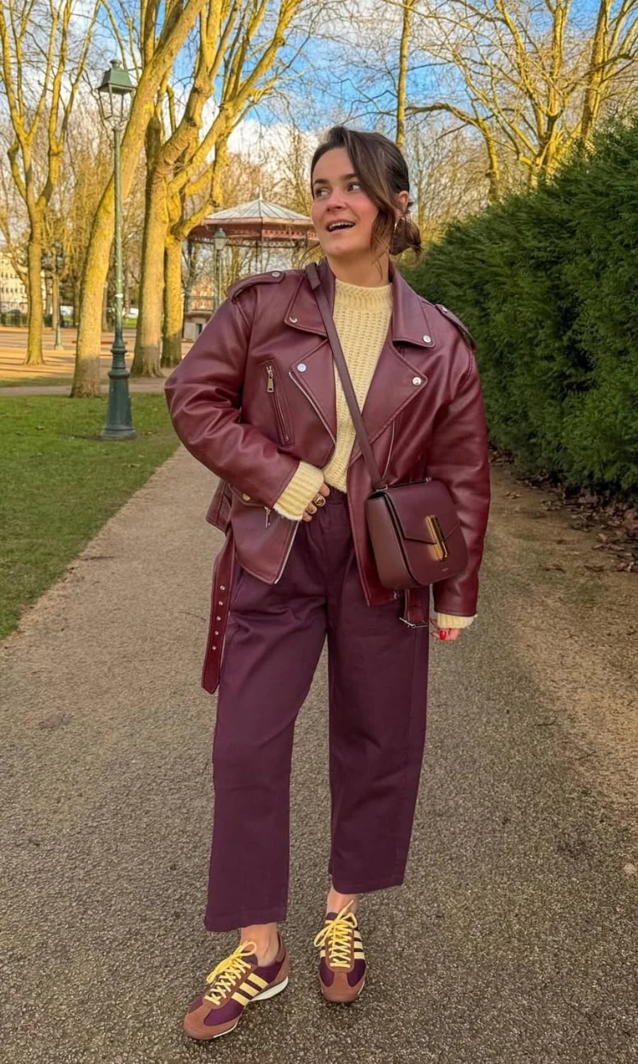 Leather Jacket and Trousers with Adidas Sambas, Burgundy Crossbody Bag — Simple Adidas Samba Outfits
