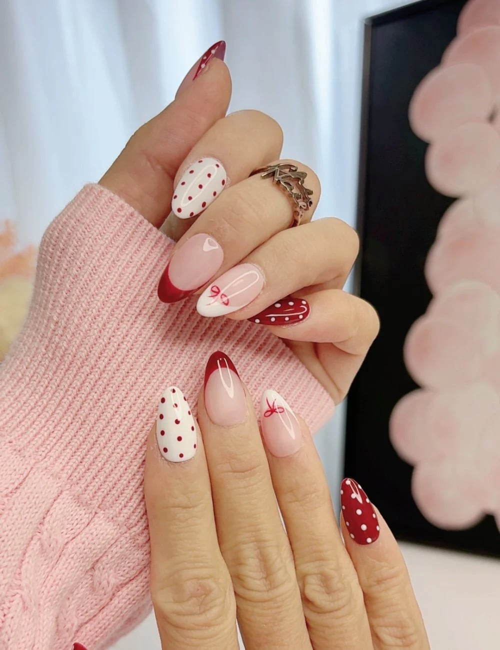 Red French and Polka Dot Almond Nails — Simple Almond French Tip Nails