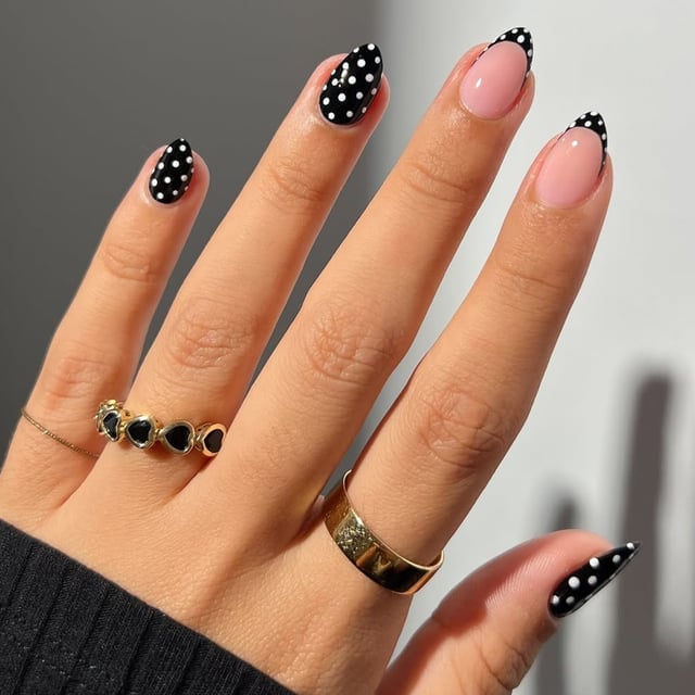 Black French Tips with White Polka Dots — Simple Almond French Tip Nails