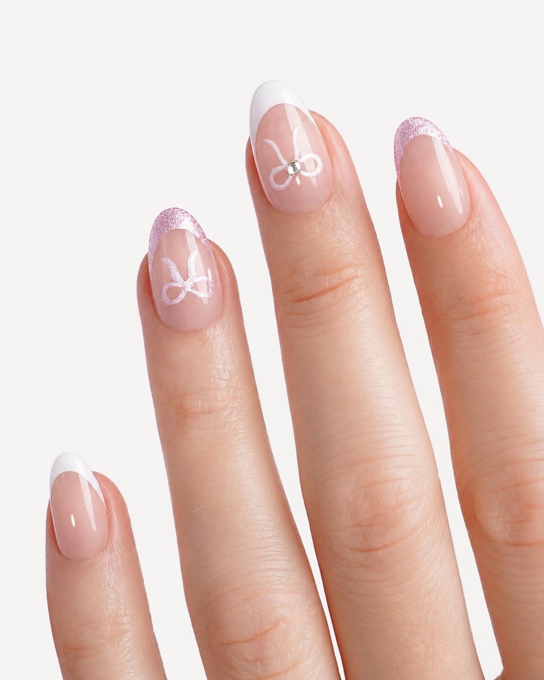 Glitter Pink Tip Almond Nails with Bow — Simple Almond French Tip Nails