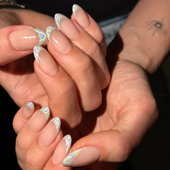 Iridescent Foil Tips on Nude Almond — Simple Almond French Tip Nails