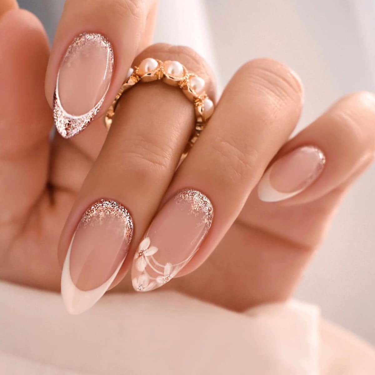 Floral Line Art and Glitter Almond French — Simple Almond French Tip Nails