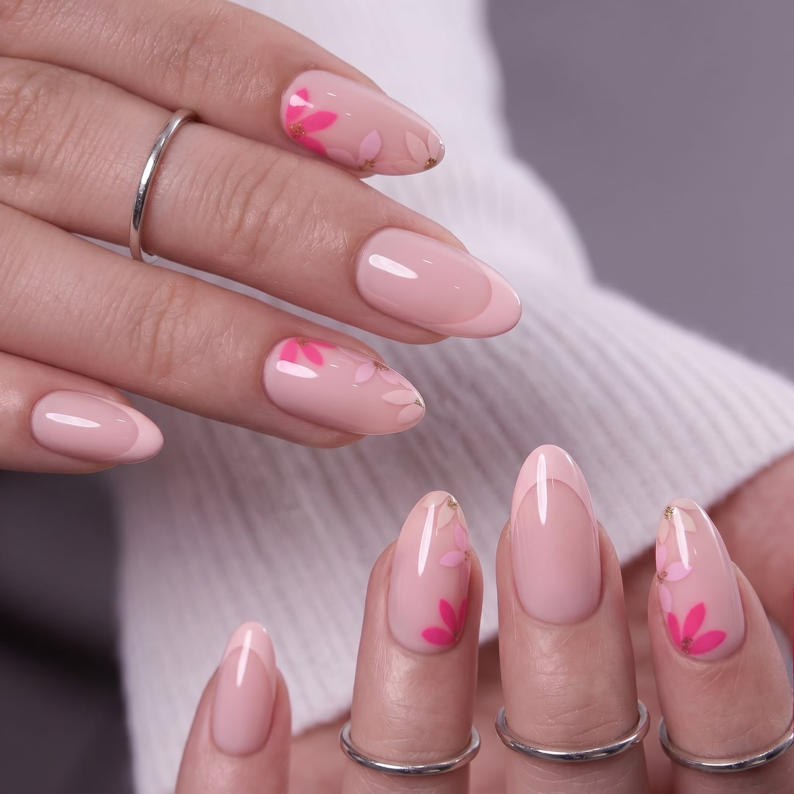 Darker Pink French Tips with Floral Art — Simple Almond French Tip Nails