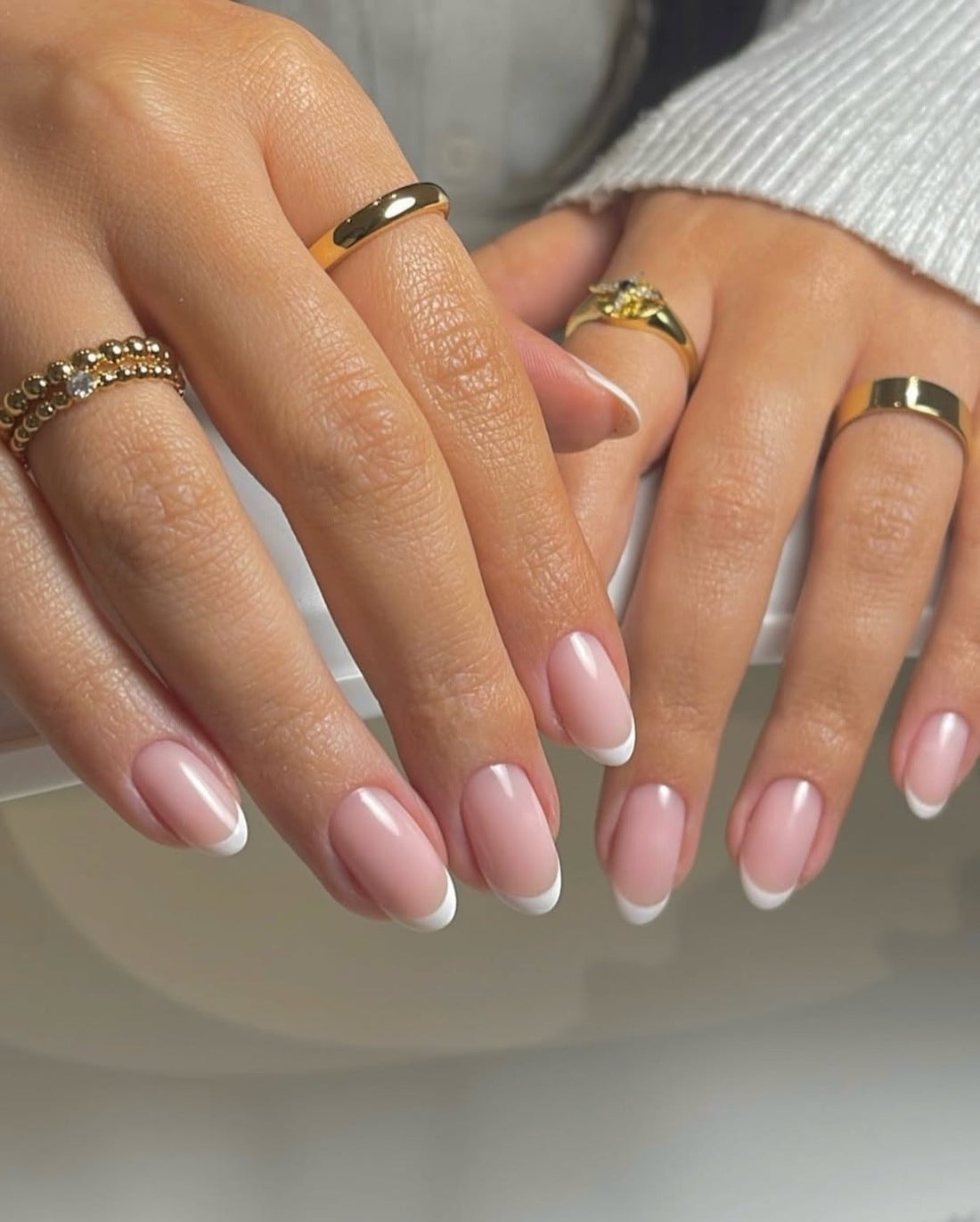 Opaque White French Tips on Nude Almond Nails — Simple Almond French Tip Nails