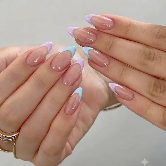 Pastel Blue and Lavender French Almonds — Simple Almond French Tip Nails