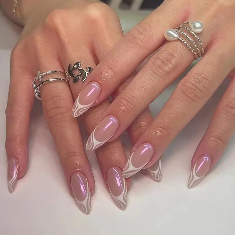Abstract White Swirl French Almonds — Simple Almond French Tip Nails