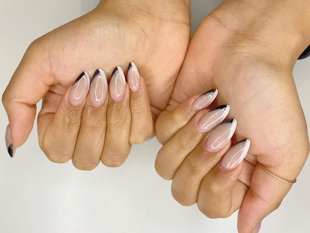 Black Outlined White French Almonds — Simple Almond French Tip Nails
