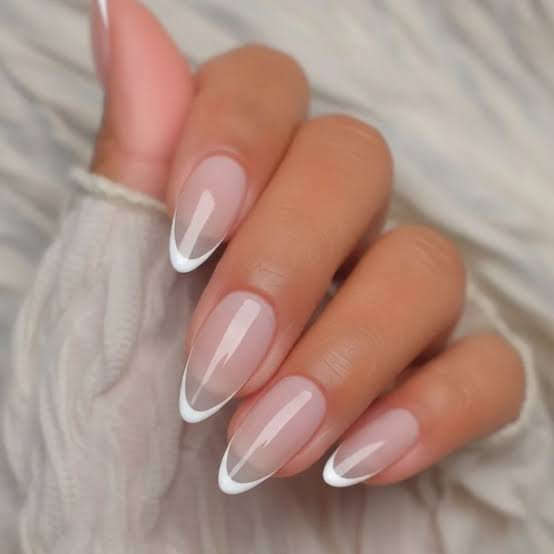 Milky Base Crisp White French Almonds — Simple Almond French Tip Nails